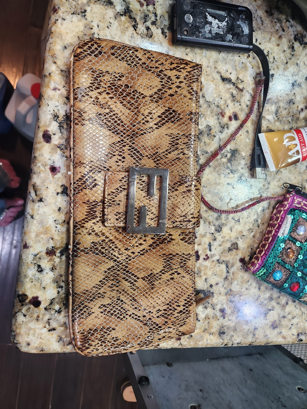 Fendi Tan Snake-Print Foldover Wristlet Clutch